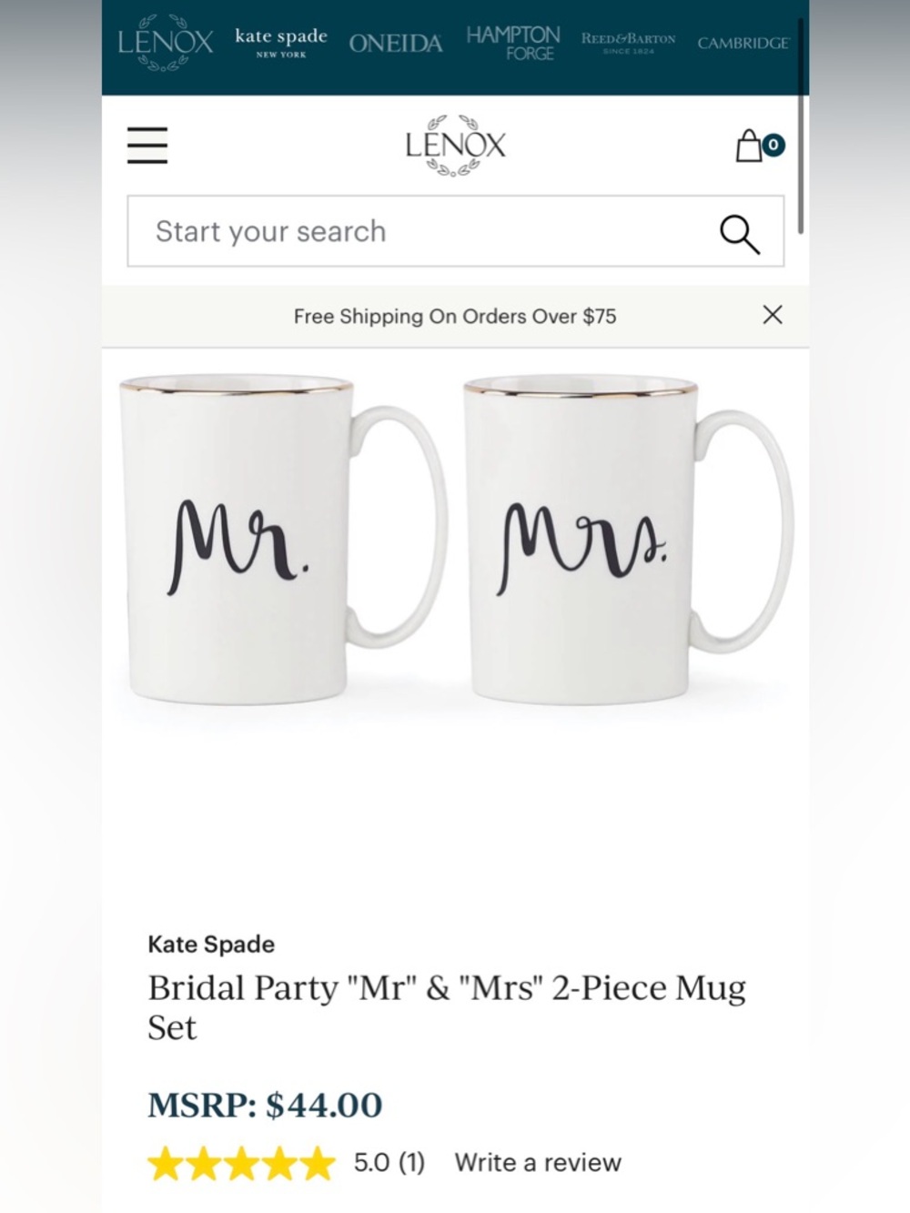 NIB Lenox Kate Spade Bridal Party Mr and Mrs Mug Set of 2 - Picture 5 of 5